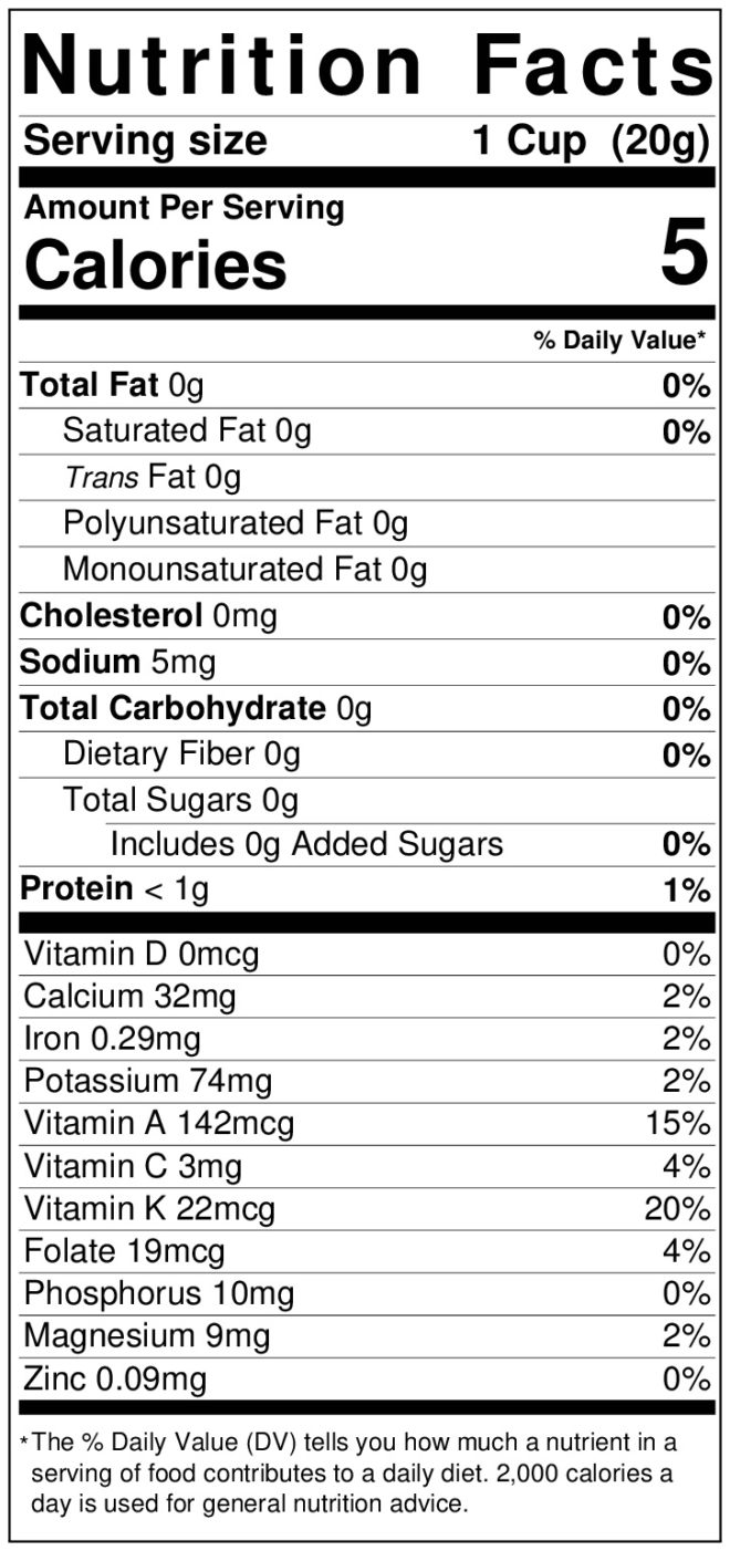 Nutrition label for arugula
