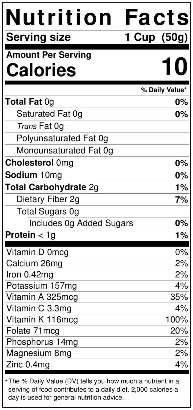 Nutrition label for endive