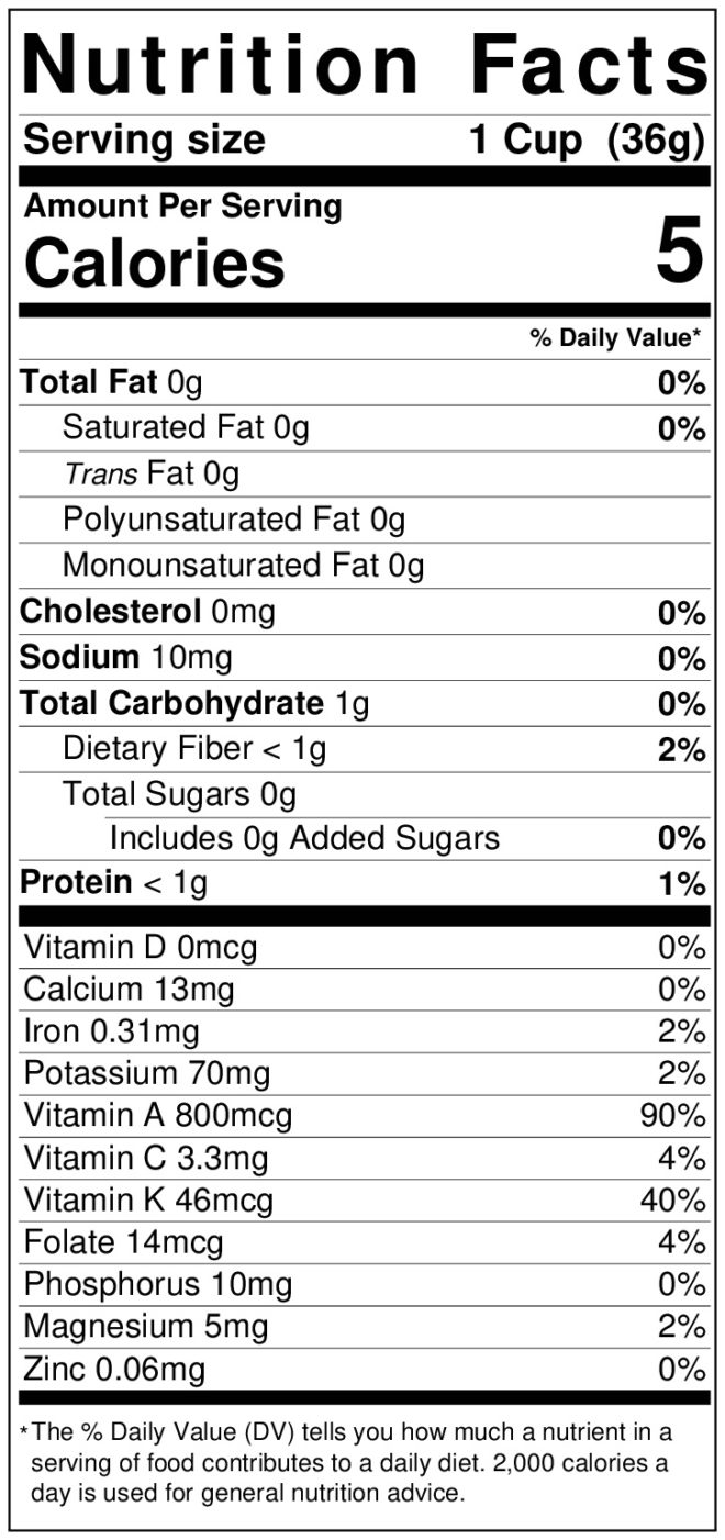 Nutrition label for green lettuceeaf