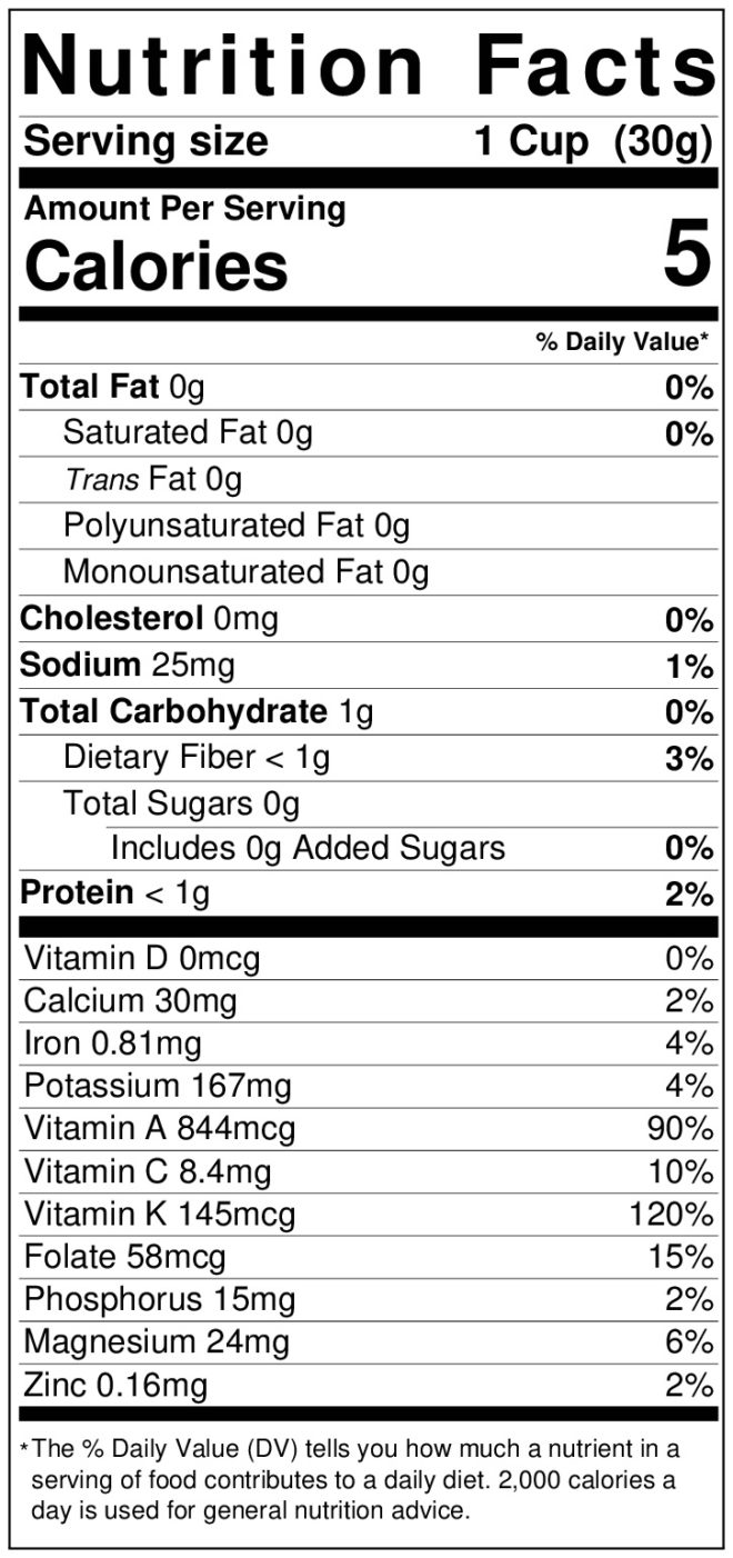 nutrition label for spinach